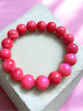 Bright Pink Rhochrosite 13mm Beaded Stretch Bracelet by
